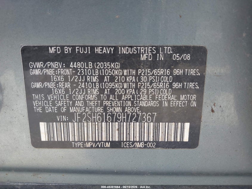 2009 Subaru Forester VIN JF2SH61679H727367 IAAI salvage auction — NORMAL WEAR, Clear (Washington), sold $650 on 2026-07-15 (photo 9)