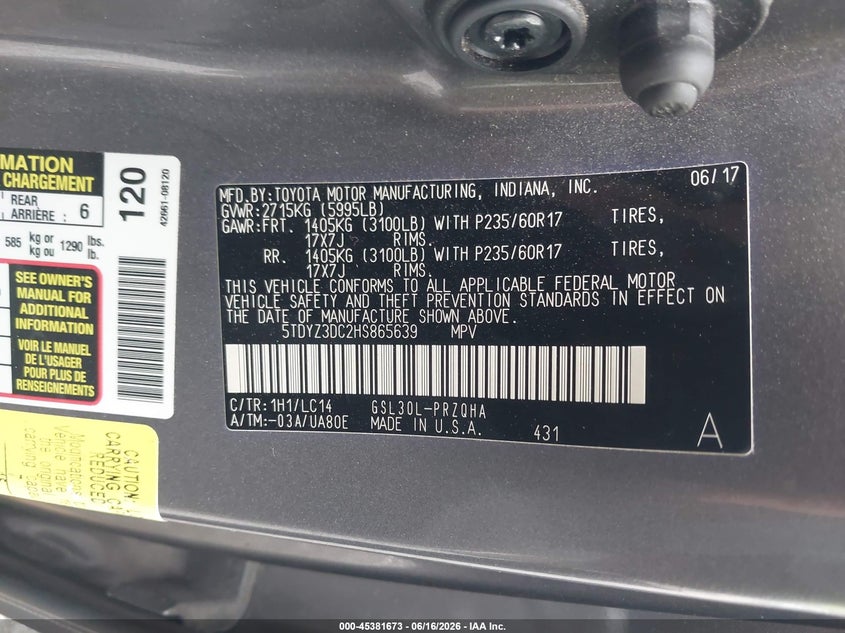 2017 Toyota Sienna VIN 5TDYZ3DC2HS865639 IAAI salvage auction — REAR END, Salvage (South Carolina), sold $7,800 on 2026-07-07 (photo 9)