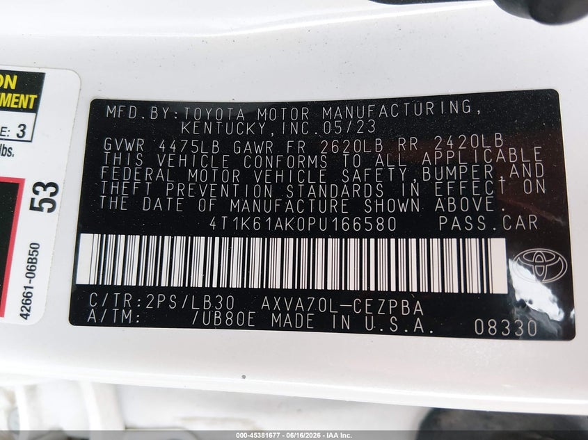 2023 Toyota Camry VIN 4T1K61AK0PU166580 IAAI salvage auction — UNDERCARRIAGE, Salvage Title, sold $10,100 on 2026-08-01 (photo 9)