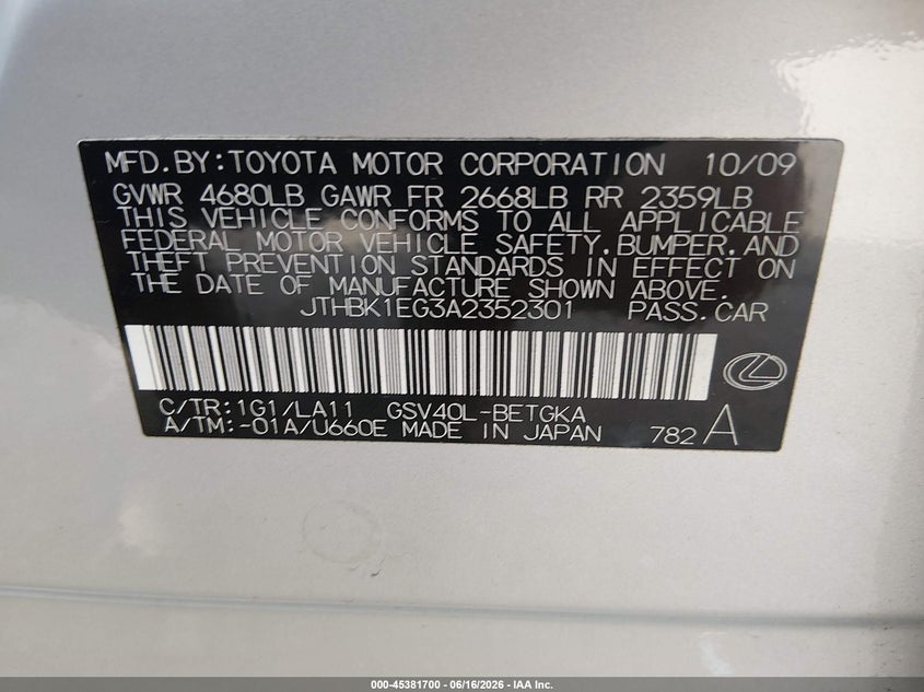 2010 Lexus Es 350 VIN JTHBK1EG3A2352301 IAAI salvage auction — LEFT REAR, Salvage (Tennessee), sold $2,850 on 2026-07-15 (photo 9)