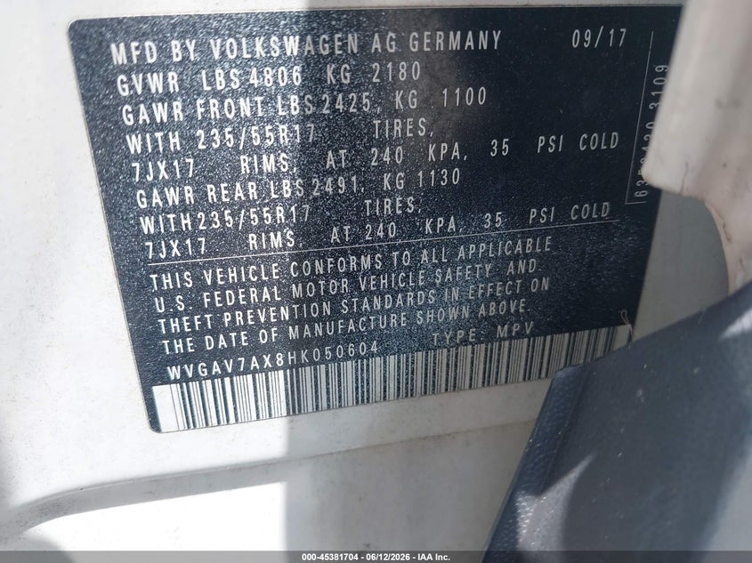 2017 Volkswagen Tiguan VIN WVGAV7AX8HK050604 IAAI salvage auction — FRONT END, Clear (Florida), sold $325 on 2026-07-15 (photo 9)