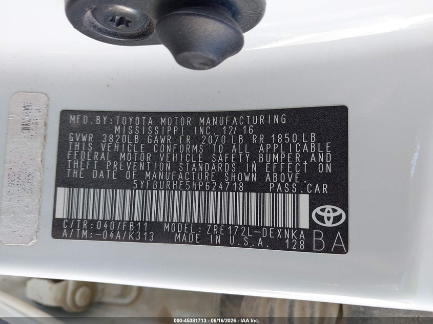 2017 Toyota Corolla VIN 5YFBURHE5HP624718 IAAI salvage auction — FRONT END, Certificate Of Title (Nebraska), sold $3,000 on 2026-07-29 (photo 9)