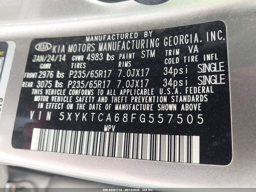 2015 Kia Sorento VIN 5XYKTCA68FG557505 IAAI salvage auction — NORMAL WEAR, Original (Ohio), sold $700 on 2026-07-08 (photo 9)