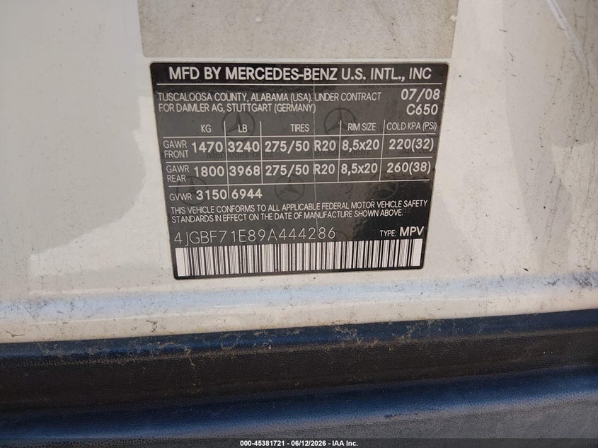 2009 Mercedes-benz Gl-class VIN 4JGBF71E89A444286 IAAI salvage auction — NORMAL WEAR, Clear (Virginia), sold $875 on 2026-07-09 (photo 9)