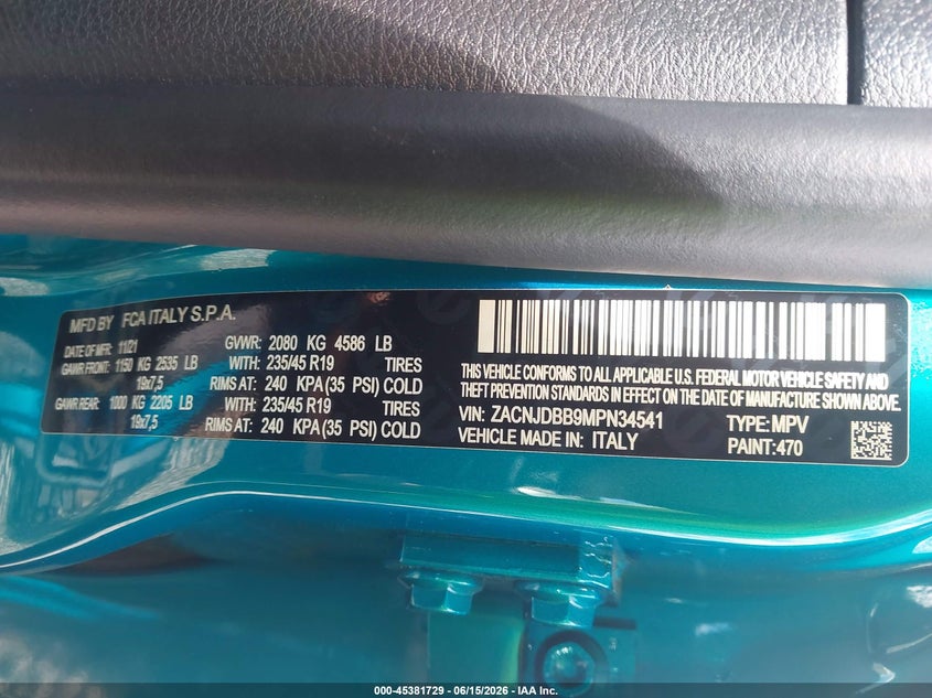 2021 Jeep Renegade VIN ZACNJDBB9MPN34541 IAAI salvage auction — FRONT END, Salvage Title, sold $4,775 on 2026-08-11 (photo 9)