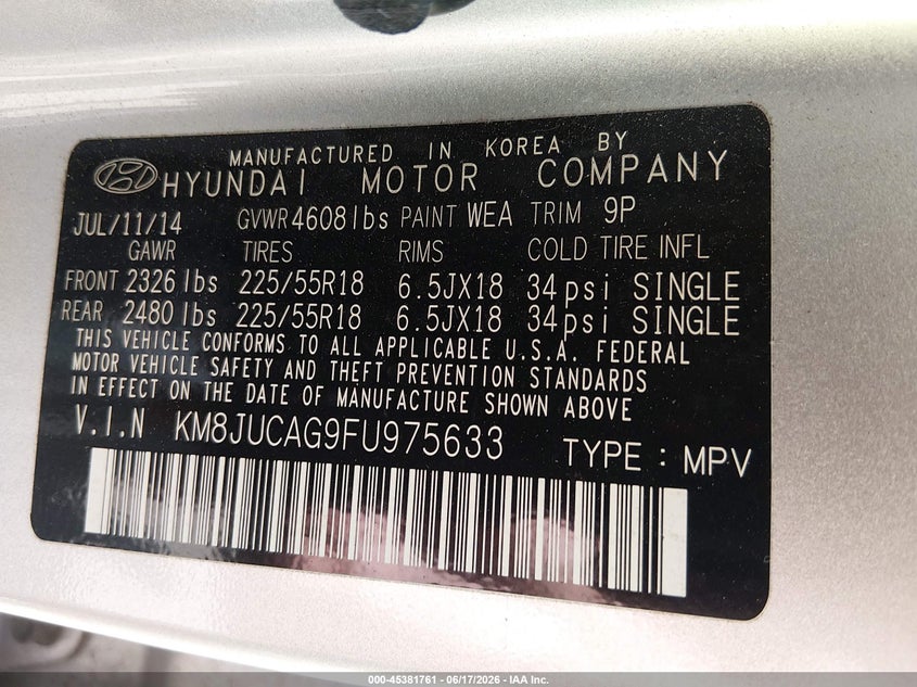 2015 Hyundai Tucson VIN KM8JUCAG9FU975633 IAAI salvage auction — LEFT FRONT, Clear (Massachusetts), sold $2,600 on 2026-07-28 (photo 9)