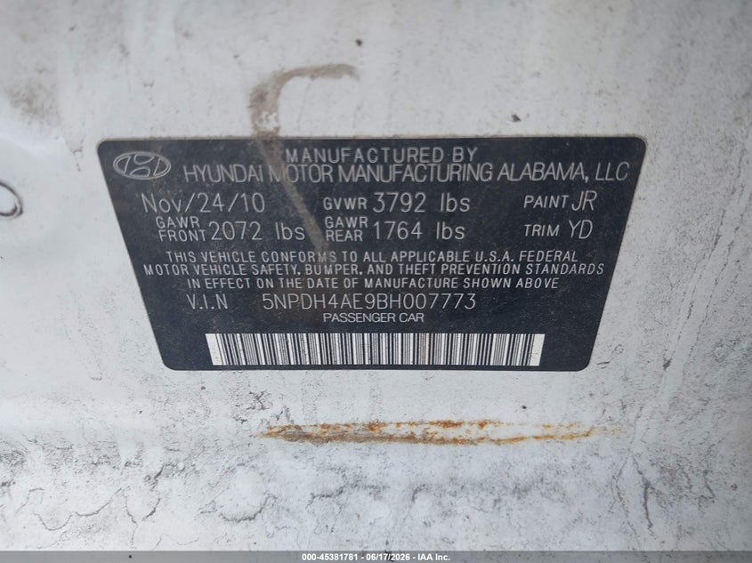 2011 Hyundai Elantra VIN 5NPDH4AE9BH007773 IAAI salvage auction — FRONT & REAR, Salvage (Georgia), sold $575 on 2026-07-09 (photo 9)