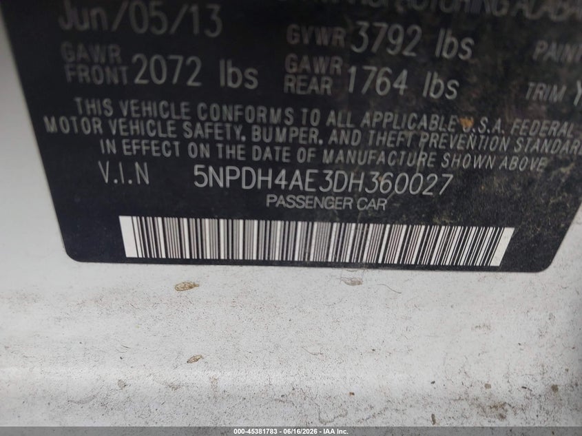 2013 Hyundai Elantra VIN 5NPDH4AE3DH360027 IAAI salvage auction — REAR END, Salvage (Texas), sold $1,250 on 2026-08-03 (photo 9)