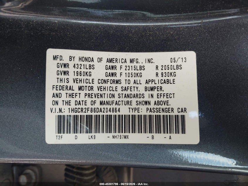 2013 Honda Accord VIN 1HGCR2F86DA204864 IAAI salvage auction — FRONT END, Salvage (Georgia), sold $1,550 on 2026-07-10 (photo 9)