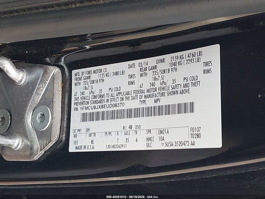 2014 Ford Escape VIN 1FMCU9JX8EUD08370 IAAI salvage auction — FRONT END, Clear (Indiana), sold $500 on 2026-07-27 (photo 9)