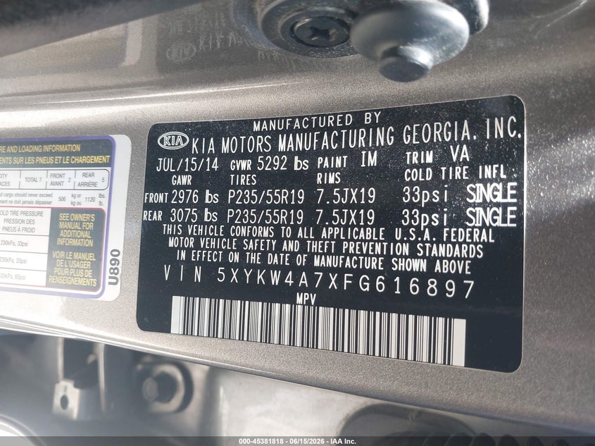 2015 Kia Sorento VIN 5XYKW4A7XFG616897 IAAI salvage auction — RIGHT FRONT, Salvage (California), sold $2,300 on 2026-07-22 (photo 9)