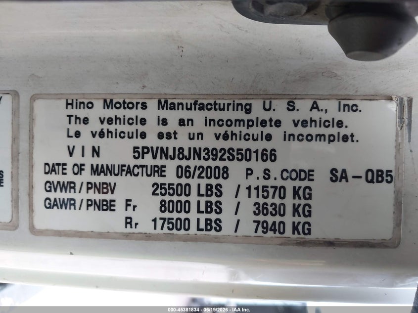 2009 Hino 258/268 VIN 5PVNJ8JN392S50166 IAAI salvage auction — FRONT END, Original (Texas), sold $11,250 on 2026-07-21 (photo 8)