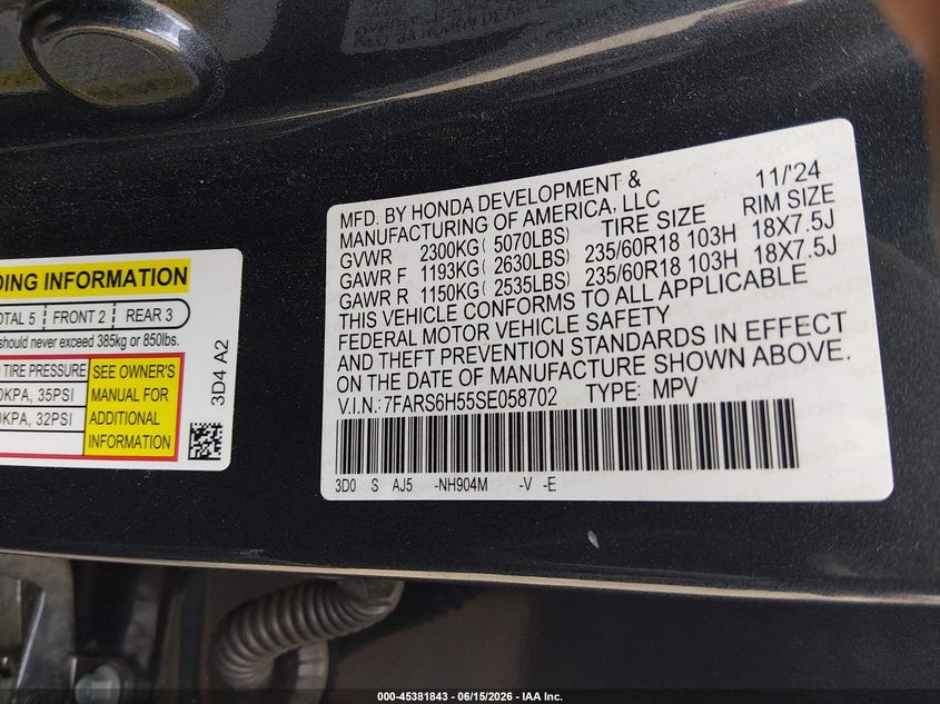 2025 Honda Cr-v VIN 7FARS6H55SE058702 IAAI salvage auction — FRONT END, Salvage (Tennessee), sold $10,700 on 2026-07-22 (photo 9)