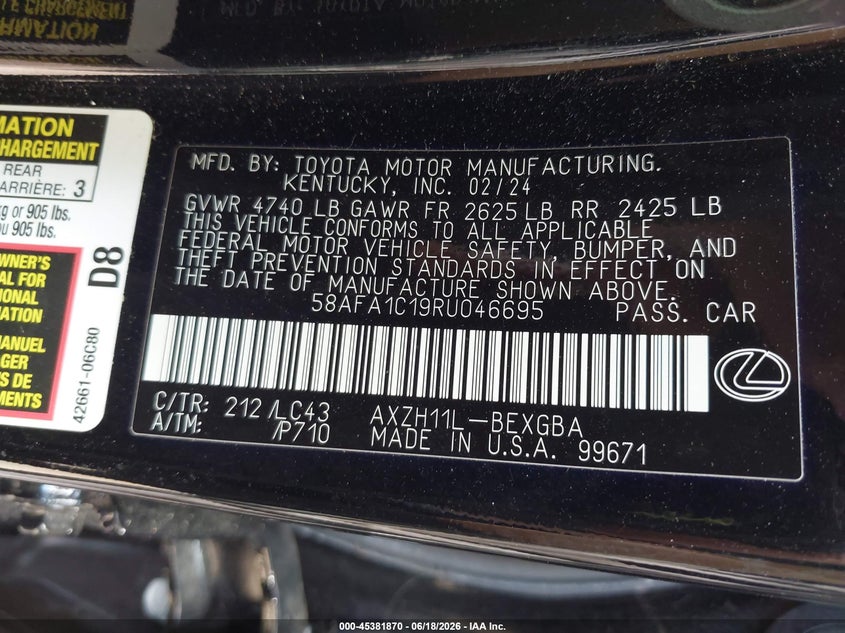 2024 Lexus ES VIN 58AFA1C19RU046695 IAAI salvage auction — FRONT END, Salvage (Idaho), sold $27,550 on 2026-07-20 (photo 9)