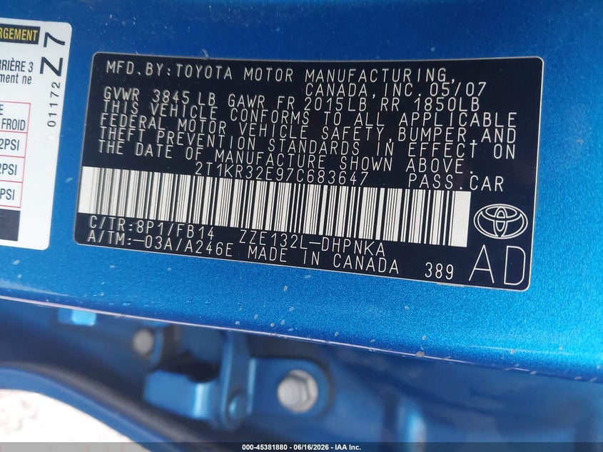 2007 Toyota Matrix VIN 2T1KR32E97C683647 IAAI salvage auction — FRONT END, Salvage (Georgia), sold $350 on 2026-07-09 (photo 9)