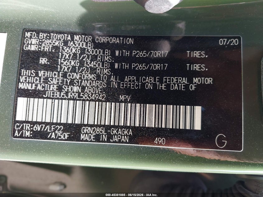 2020 Toyota 4runner VIN JTEBU5JR9L5834942 IAAI salvage auction — SIDE, Salvage (Tennessee), sold $9,000 on 2026-07-29 (photo 9)