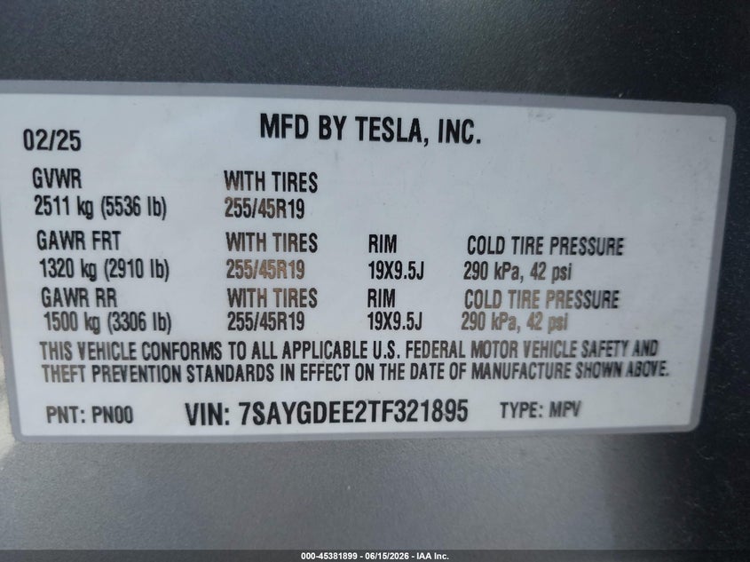 2026 Tesla Model y VIN 7SAYGDEE2TF321895 IAAI salvage auction — FRONT & REAR, Salvage Title, sold $14,600 on 2026-07-13 (photo 9)