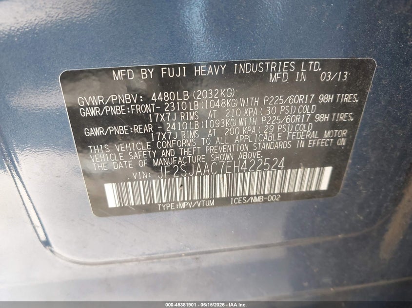 2014 Subaru Forester VIN JF2SJAAC7EH422524 IAAI salvage auction — NORMAL WEAR, Clear (Virginia), sold $350 on 2026-07-28 (photo 9)