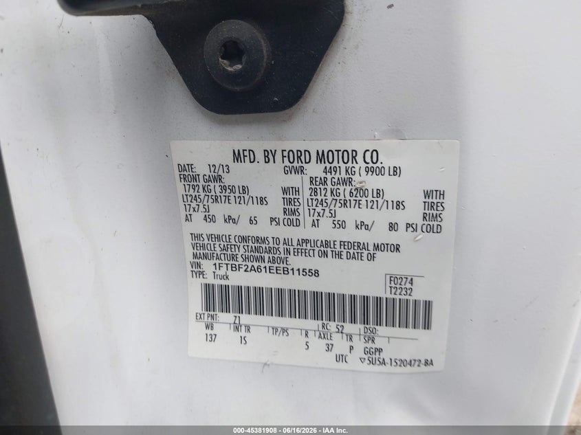2014 Ford F250 VIN 1FTBF2A61EEB11558 IAAI salvage auction — FRONT & REAR, Enterprise Vehicles Clear Only (Texas), sold $3,200 on 2026-07-09 (photo 9)