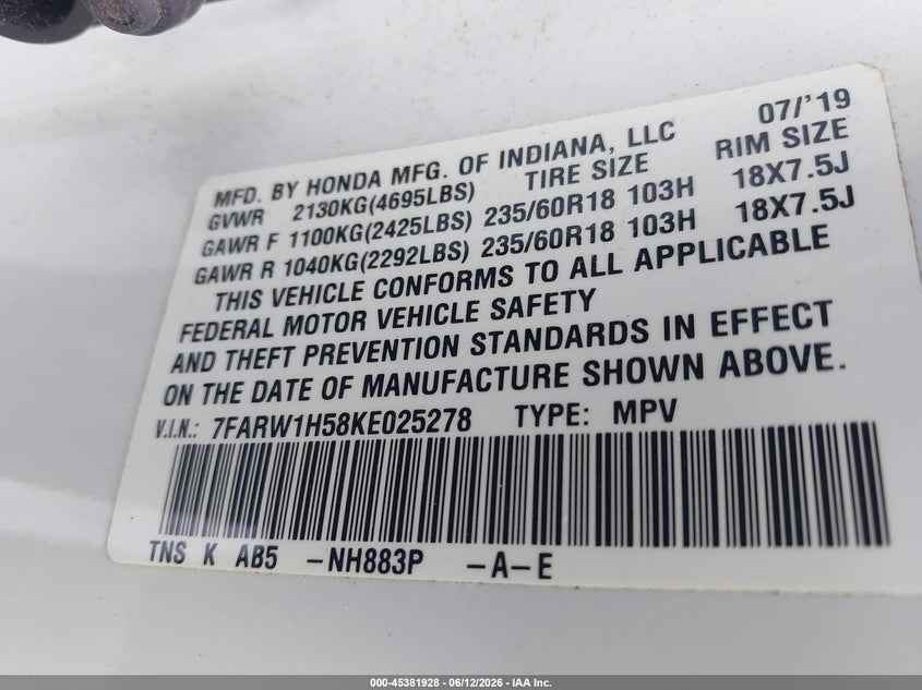 2019 Honda Cr-v VIN 7FARW1H58KE025278 IAAI salvage auction — NORMAL WEAR, Repossession Paperwork (Georgia), sold $11,700 on 2026-07-15 (photo 9)
