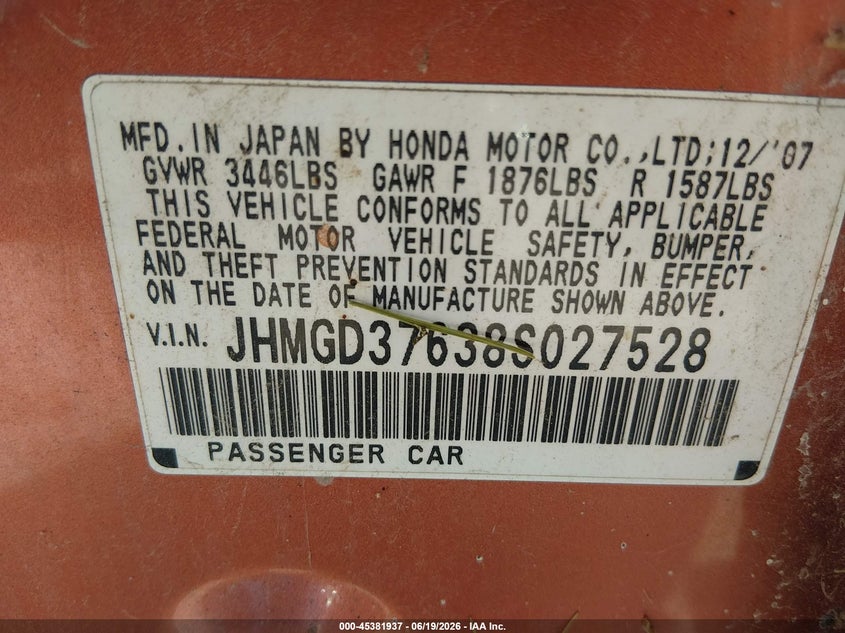 2008 Honda Fit VIN JHMGD37638S027528 IAAI salvage auction — NORMAL WEAR, Salvage (Wisconsin), sold $175 on 2026-07-22 (photo 9)