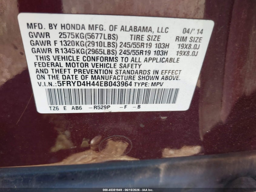 2014 Acura Mdx VIN 5FRYD4H44EB043964 IAAI salvage auction — FRONT END, Salvage (New Jersey), sold $3,050 on 2026-07-30 (photo 9)