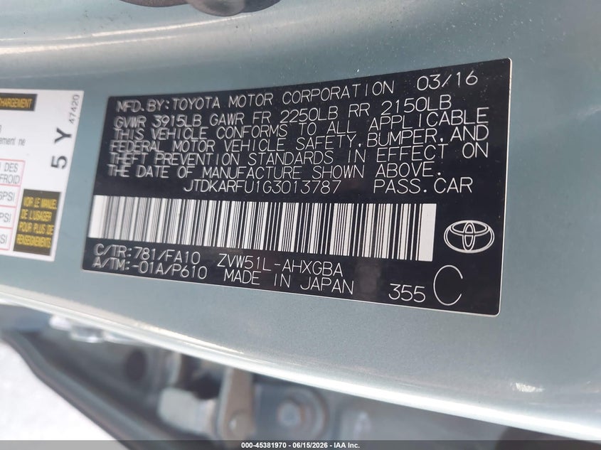 2016 Toyota Prius VIN JTDKARFU1G3013787 IAAI salvage auction — NORMAL WEAR, Clear-Dealer Only (North Carolina), sold $3,100 on 2026-07-29 (photo 9)