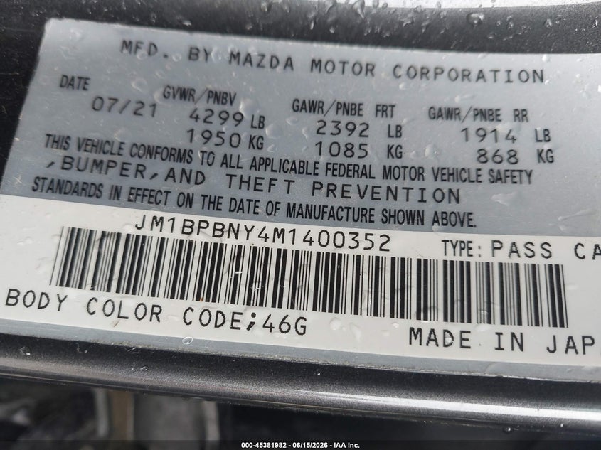 2021 Mazda 3 VIN JM1BPBNY4M1400352 IAAI salvage auction — SIDE, Salvage Title, sold $6,975 on 2026-08-26 (photo 9)