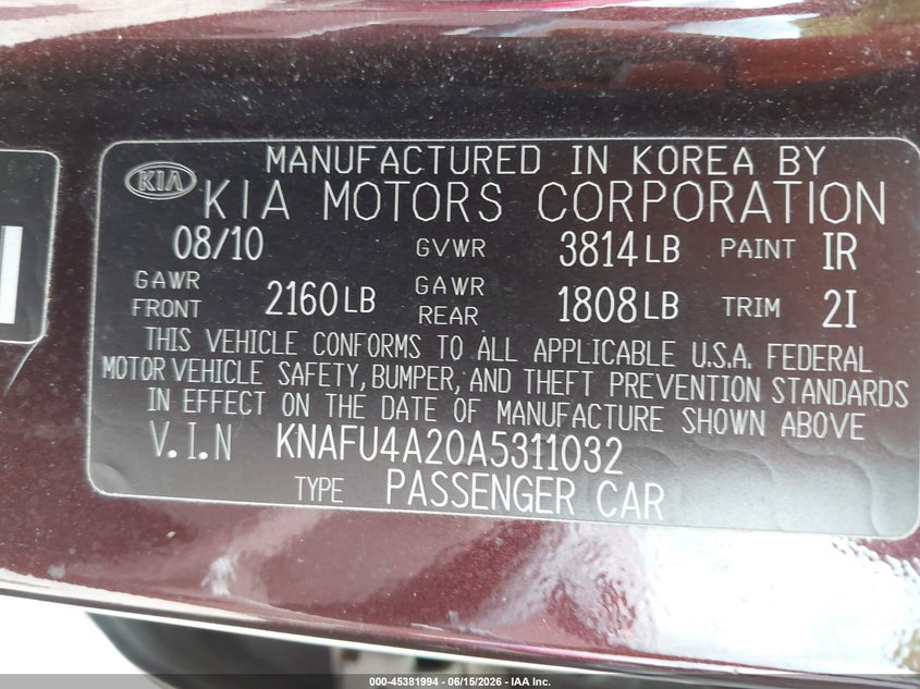 2010 Kia Forte VIN KNAFU4A20A5311032 IAAI salvage auction — REAR END, Clear (Michigan), sold $650 on 2026-07-16 (photo 9)