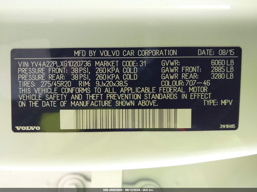 2016 Volvo Xc90 VIN YV4A22PLXG1020736 IAAI salvage auction — FRONT END, Salvage Title, sold $1,250 on 2026-08-19 (photo 9)