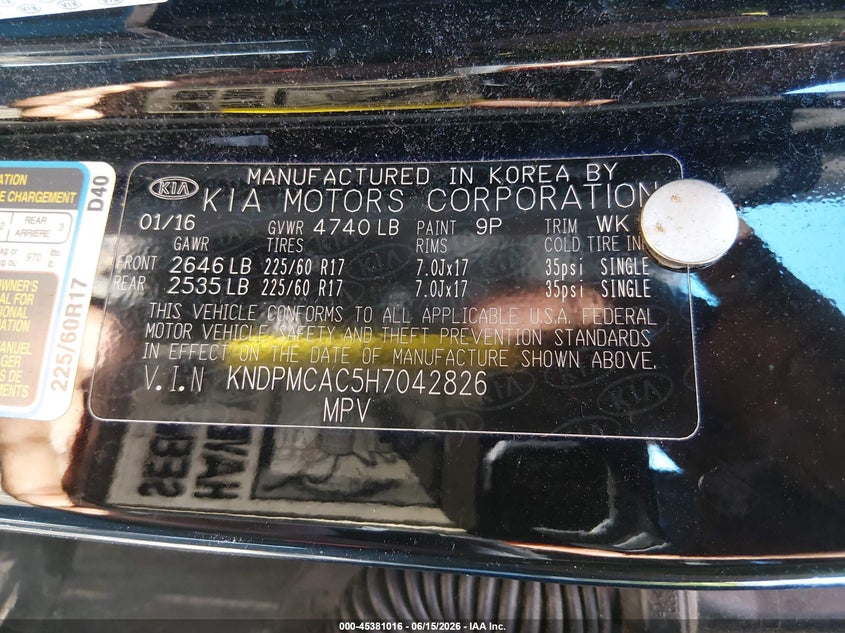 2017 Kia Sportage VIN KNDPMCAC5H7042826 IAAI salvage auction — NORMAL WEAR, Clear (Maryland), sold $2,750 on 2026-07-29 (photo 9)