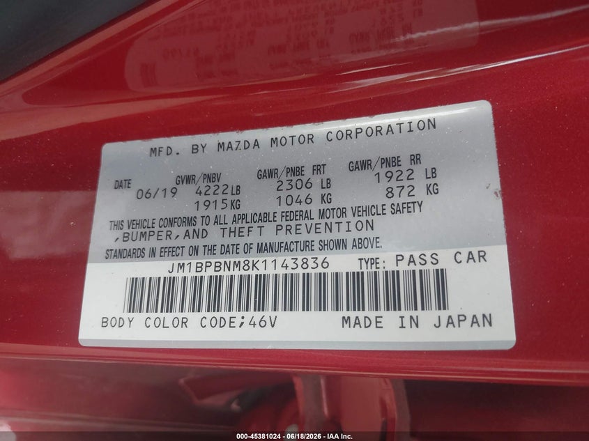 2019 Mazda 3 VIN JM1BPBNM8K1143836 IAAI salvage auction — FRONT END, Salvage - 75% Or Less (Maryland), sold $1,400 on 2026-07-22 (photo 9)