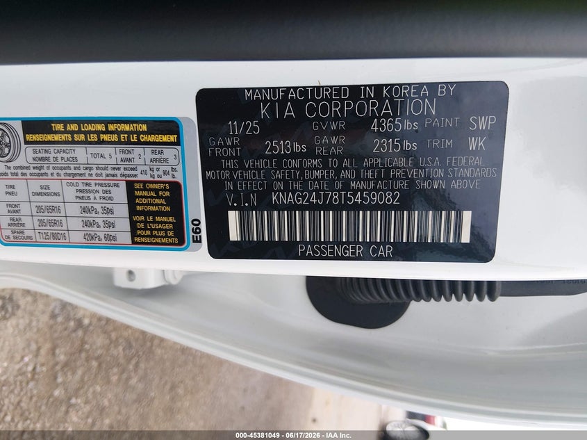 2026 Kia K5 VIN KNAG24J78T5459082 IAAI salvage auction — NORMAL WEAR, Enterprise Vehicles Salvage Only (Florida), sold $7,650 on 2026-07-07 (photo 9)