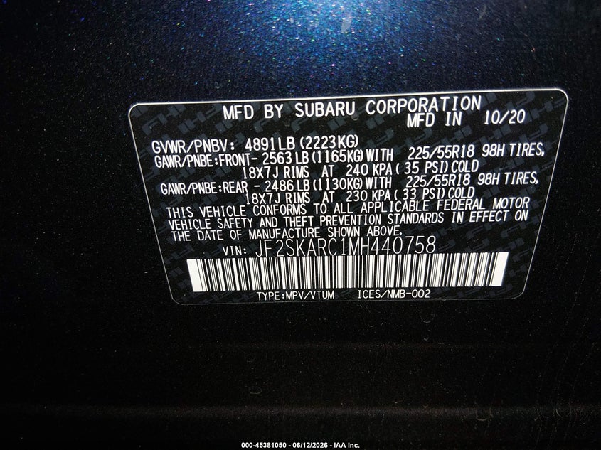2021 Subaru Forester VIN JF2SKARC1MH440758 IAAI salvage auction — FRONT END, Salvage (Utah), sold $5,500 on 2026-07-24 (photo 9)