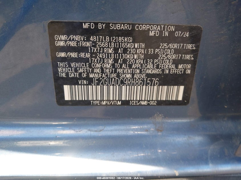 2024 Subaru VIN JF2GUADC9RH861576 IAAI salvage auction — FRONT END, Salvage (Pennsylvania), sold $5,200 on 2026-07-28 (photo 9)