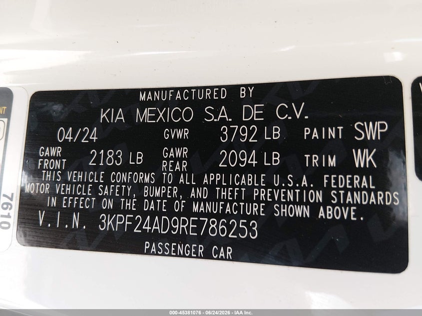 2024 Kia Forte VIN 3KPF24AD9RE786253 IAAI salvage auction — HAIL, Salvage Title, sold $5,100 on 2026-07-17 (photo 9)