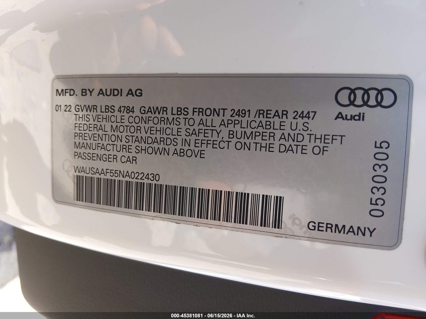 2022 Audi A5 VIN WAUSAAF55NA022430 IAAI salvage auction — FRONT END, Salvage (North Carolina), sold $2,650 on 2026-07-20 (photo 9)