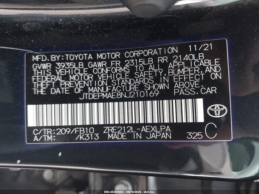 2022 Toyota Corolla VIN JTDEPMAE8NJ210169 IAAI salvage auction — REAR END, Salvage (Georgia), sold $5,300 on 2026-07-24 (photo 9)