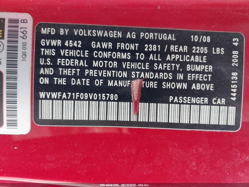 2009 Volkswagen Eos VIN WVWFA71F09V015780 IAAI salvage auction — WATER/FLOOD, Salvage (Texas), sold $25 on 2026-07-28 (photo 9)
