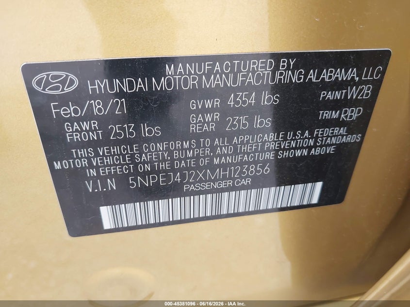 2021 Hyundai Sonata VIN 5NPEJ4J2XMH123856 IAAI salvage auction — FRONT END, Salvage (Indiana), sold $25 on 2026-07-29 (photo 9)