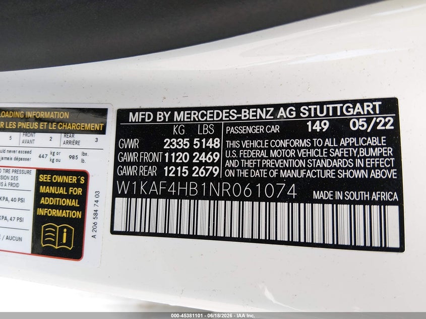 2022 Mercedes-benz C-klasse VIN W1KAF4HB1NR061074 IAAI salvage auction — UNDERCARRIAGE, Salvage Title, sold $16,900 on 2026-07-15 (photo 9)
