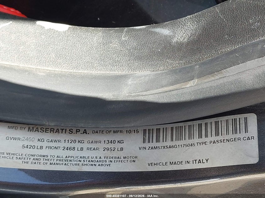 2016 Maserati Ghibli VIN ZAM57XSA6G1175045 IAAI salvage auction — ELECTRICAL, Clear (Kansas), sold $1,275 on 2026-07-08 (photo 9)