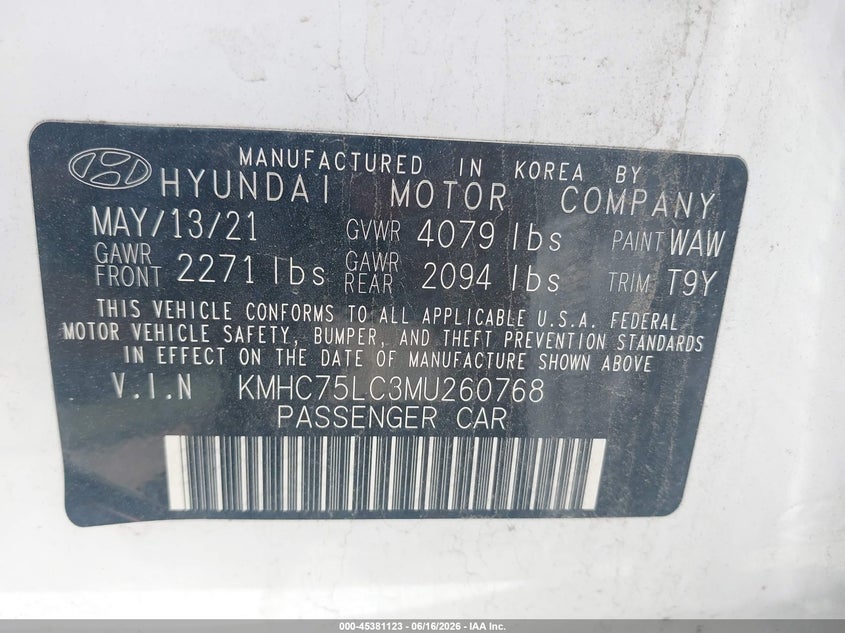 2021 Hyundai Ioniq VIN KMHC75LC3MU260768 IAAI salvage auction — LEFT SIDE, Salvage (Massachusetts), sold $1,050 on 2026-07-24 (photo 9)