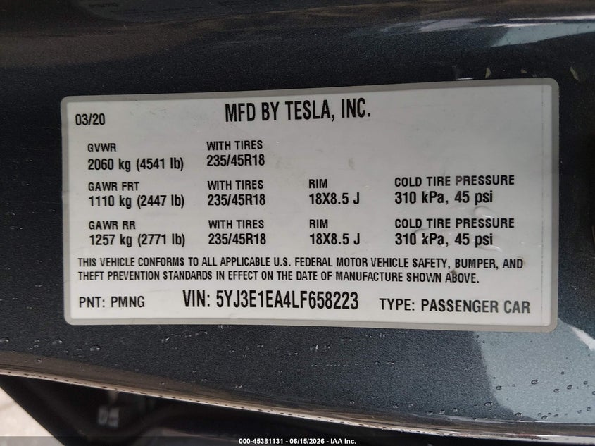 2020 Tesla Model 3 VIN 5YJ3E1EA4LF658223 IAAI salvage auction — FRONT END, Original (Texas), sold $6,200 on 2026-07-23 (photo 9)