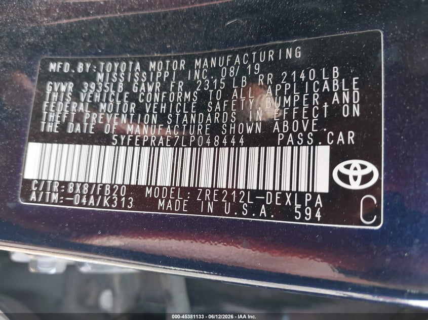 2020 Toyota Corolla VIN 5YFEPRAE7LP048444 IAAI salvage auction — REAR END, Salvage (Tennessee), sold $6,250 on 2026-07-09 (photo 9)