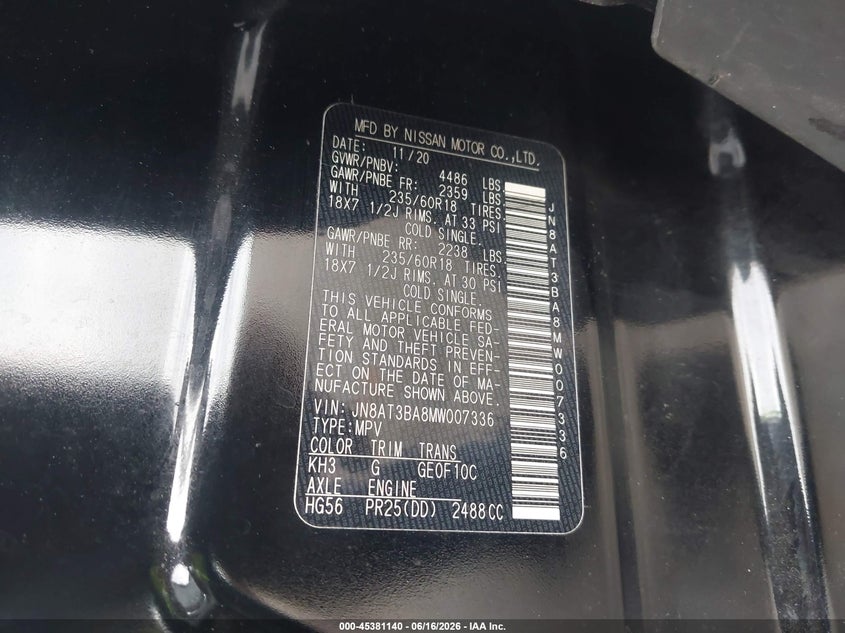 2021 Nissan Rogue VIN JN8AT3BA8MW007336 IAAI salvage auction — FRONT END, Rebuildable (Florida), sold $5,400 on 2026-07-07 (photo 9)