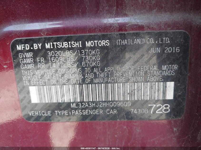 2017 Mitsubishi Mirage VIN ML32A3HJ2HH009609 IAAI salvage auction — FRONT END, Salvage (Pennsylvania), sold $775 on 2026-07-14 (photo 9)