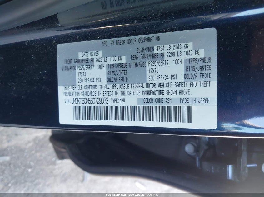2025 Mazda Cx-5 VIN JM3KFBCM5S0729073 IAAI salvage auction — RIGHT FRONT, Salvage Title, sold $2,850 on 2026-07-28 (photo 9)
