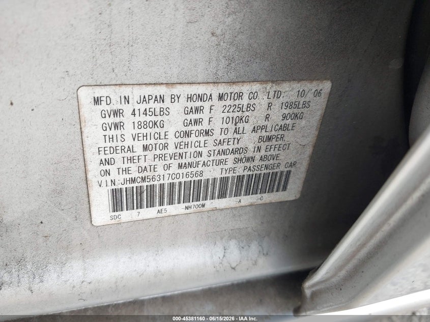 2007 Honda Accord VIN JHMCM56317C016568 IAAI salvage auction — RIGHT FRONT, Salvage (Georgia), sold $25 on 2026-07-29 (photo 9)