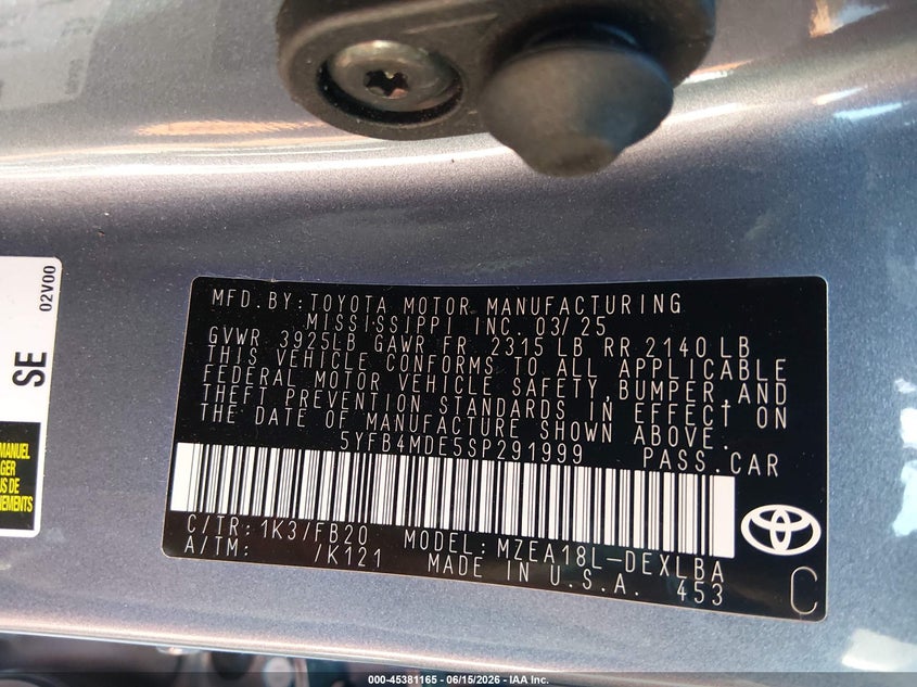 2025 Toyota Corolla VIN 5YFB4MDE5SP291999 IAAI salvage auction — FRONT END, Salvage (Virginia), sold $3,150 on 2026-07-09 (photo 9)